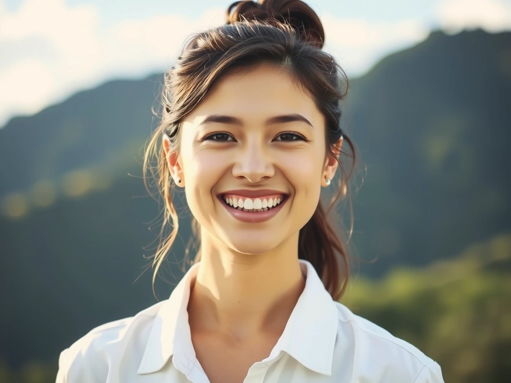 Eine glückliche Frau, die strahlend in die Kamera blickt, symbolisiert Erfolg und Wohlbefinden.